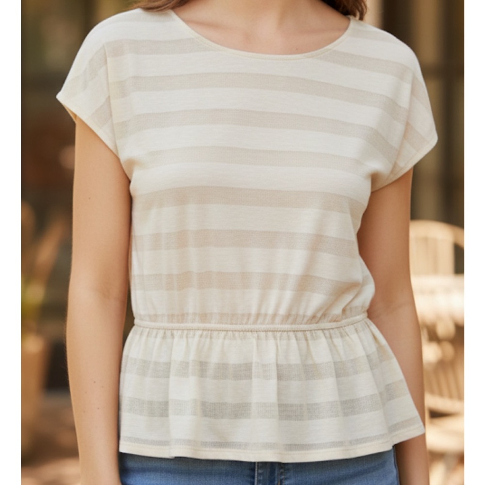 ELLE Pima Cotton Modal Lace Neck Stripe Blouse Cream Beige M Boho Peplum